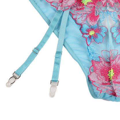 SUBBLIME - 954109 BRA + PANTIES WITH GARTER BELT FLORAL DESIGN BLUE S/M - 5