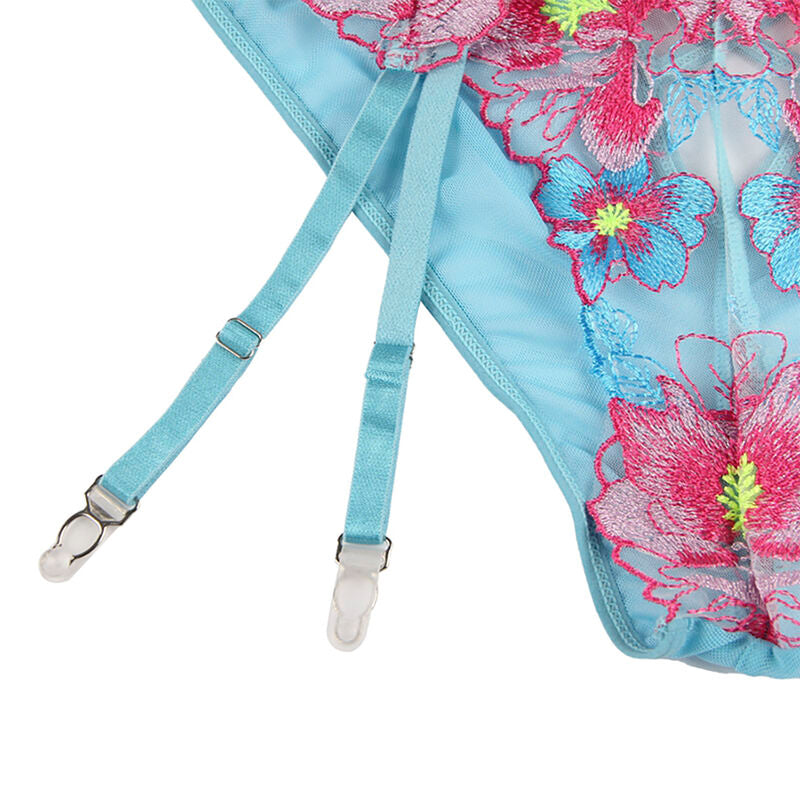SUBBLIME - 954116 BRA + PANTIES WITH GARTER BELT FLORAL DESIGN BLUE L/XL - 8