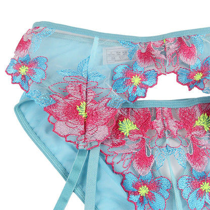 SUBBLIME - 954116 BRA + PANTIES WITH GARTER BELT FLORAL DESIGN BLUE L/XL - 2