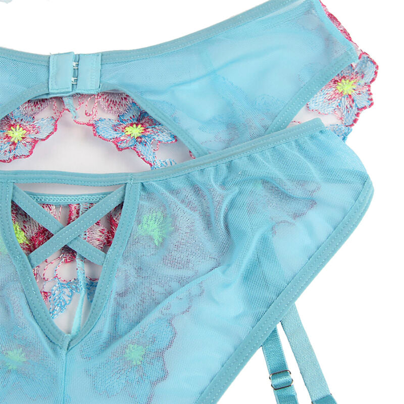 SUBBLIME - 954116 BRA + PANTIES WITH GARTER BELT FLORAL DESIGN BLUE L/XL - 10