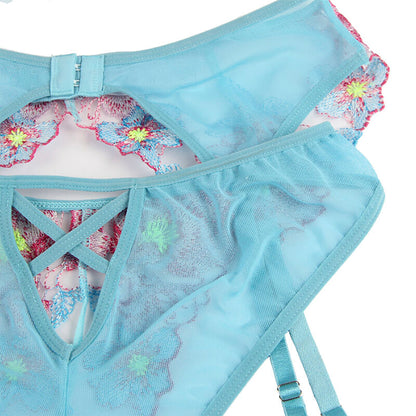 SUBBLIME - 954116 BRA + PANTIES WITH GARTER BELT FLORAL DESIGN BLUE L/XL - 10