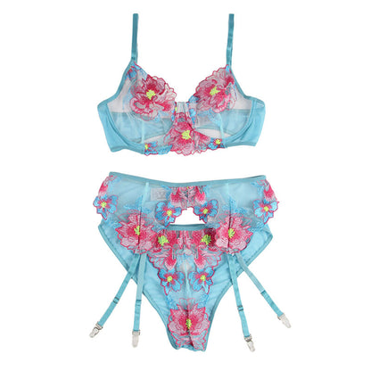 SUBBLIME - 954116 BRA + PANTIES WITH GARTER BELT FLORAL DESIGN BLUE L/XL - 1