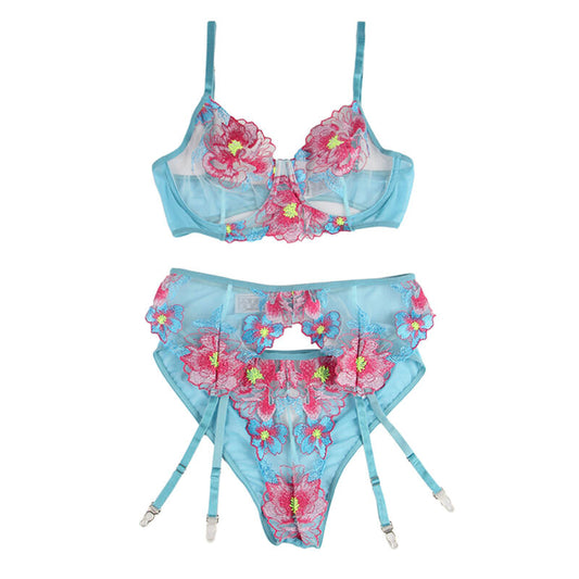 SUBBLIME - 954116 BRA + PANTIES WITH GARTER BELT FLORAL DESIGN BLUE L/XL - 1