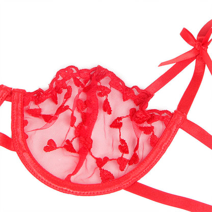 SUBBLIME - 954321 HEART PRINT BRA + THONG + GARTER BELT RED S/M - 10