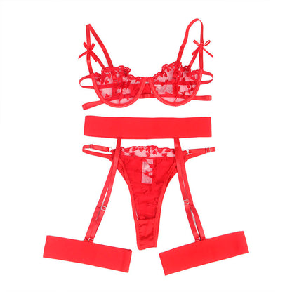 SUBBLIME - 954321 HEART PRINT BRA + THONG + GARTER BELT RED S/M - 12