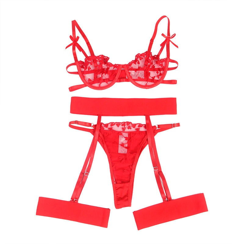 SUBBLIME - 954338 HEART PRINT BRA + THONG + GARTER BELT RED L/XL - 9