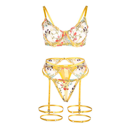 SUBBLIME - 954345 BRA + THONG + GARTER BELT FLORAL DESIGN YELLOW S/M - 1