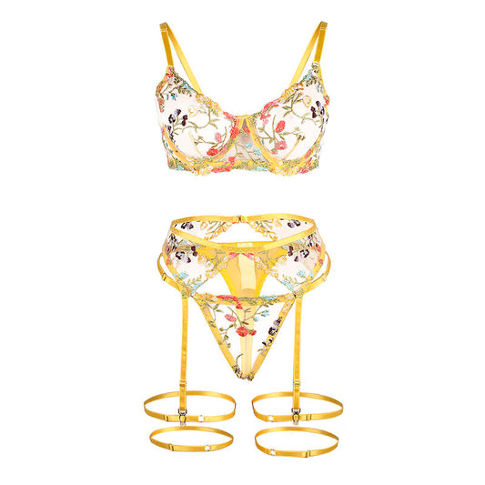 SUBBLIME - 954345 BRA + THONG + GARTER BELT FLORAL DESIGN YELLOW S/M - 1