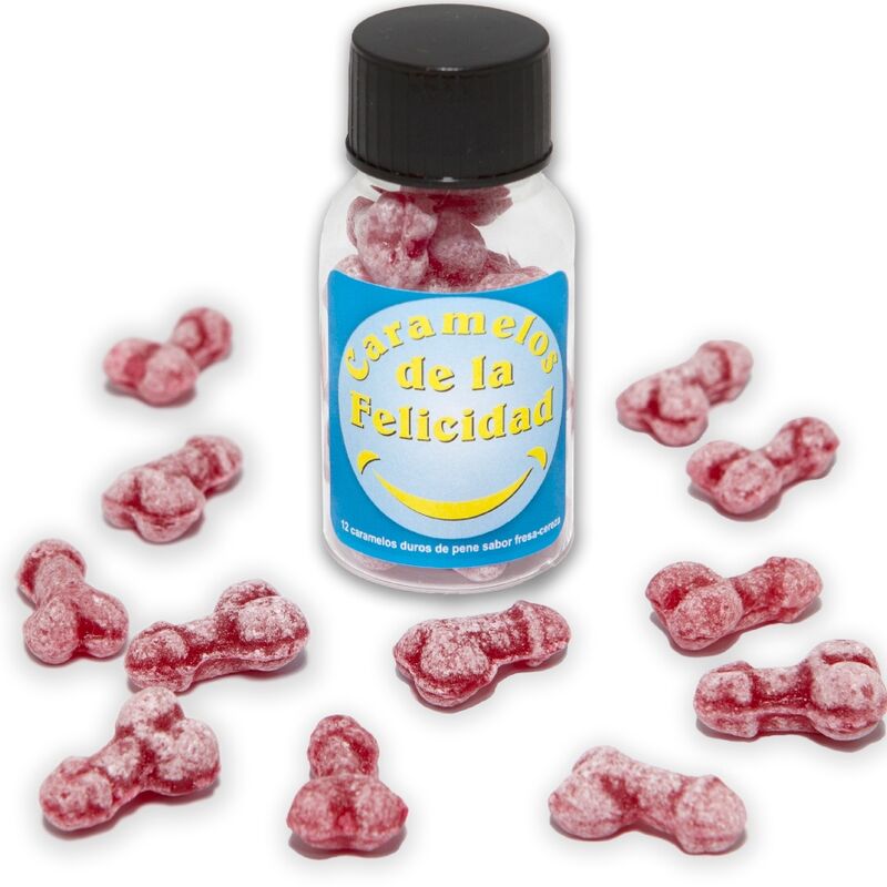 DIABLO PICANTE - JAR OF 12 STRAWBERRY/CHERRY HAPPY PENIS-SHAPED CANDIES - 1
