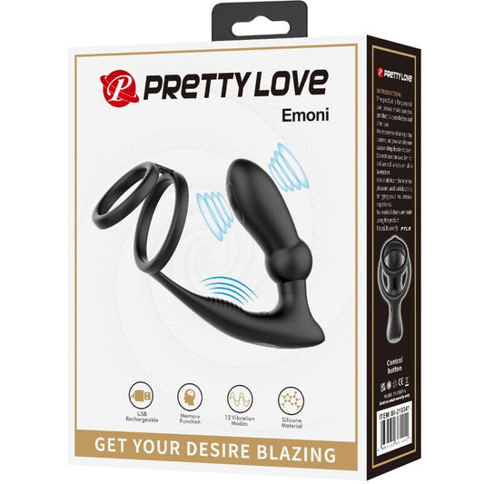 PRETTY LOVE - EMONI COCK RING + 12-VIBRATION BLACK BUTTER PLUG
