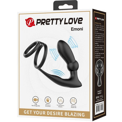 PRETTY LOVE - EMONI PENIS RING + ANAL PLUG 12 VIBRATIONS BLACK - 2