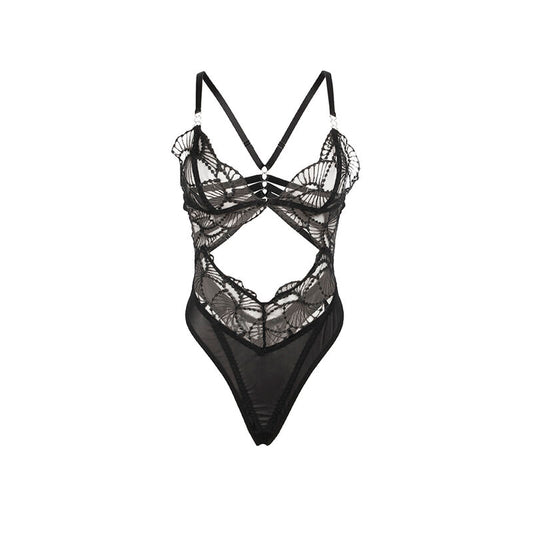 SUBBLIME - 955212 TRANSPARENT BODYSUIT WITH BLACK HOLLOW LACE S/M - 1