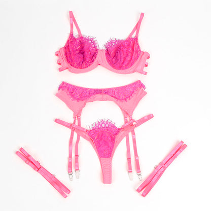 SUBBLIME - 955359 ENSEMBLE SOUTIEN-GORGE AVEC DENTELLE ET LIENS JARRETELLES ROSE ET VIOLET S/M