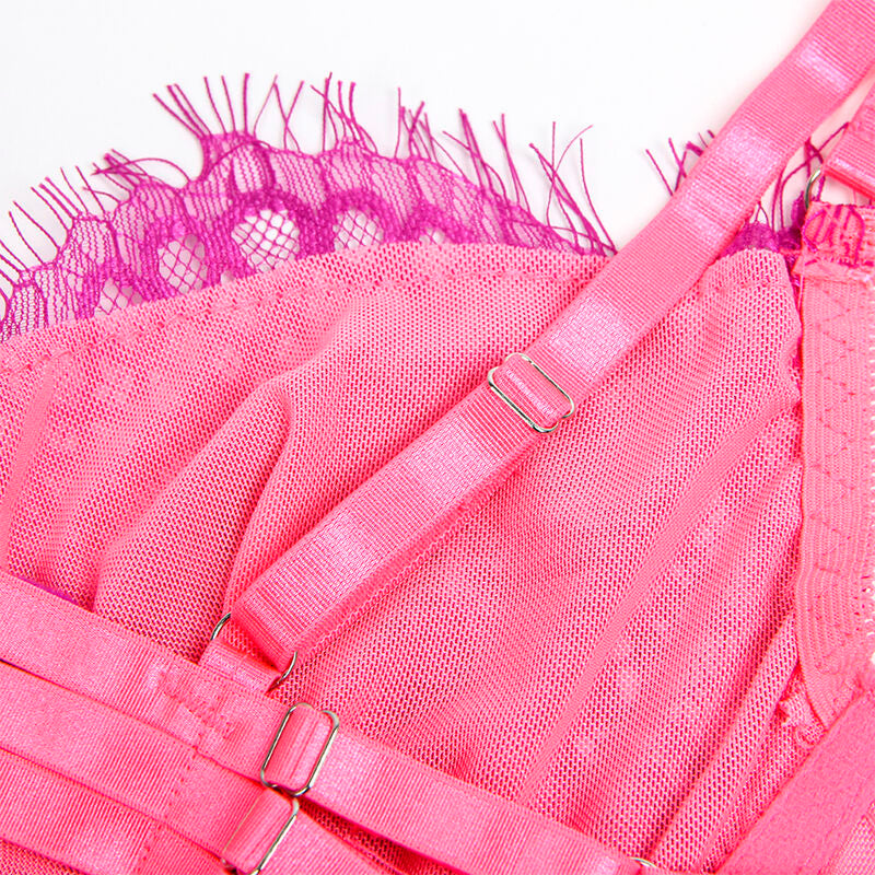 SUBBLIME - 955366 PINK AND PURPLE LACE AND GARTER LINE BRA SET L/XL