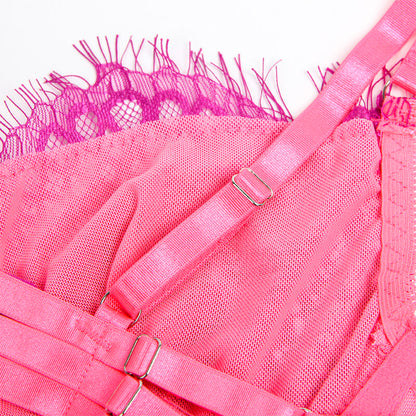 SUBBLIME - 955366 PINK AND PURPLE LACE AND GARTER LINE BRA SET L/XL