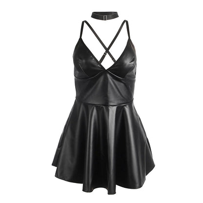 SUBBLIME - 955380 ROBE À BRETELLES EN CUIR NOIR L/XL