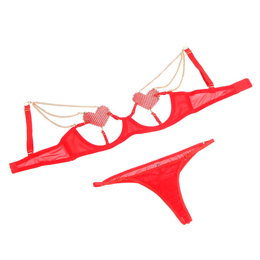 SUBBLIME - 955526 BRA SET WITH CHAINS AND MESH HEART RED L/XL - 1