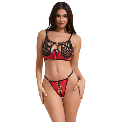 SUBBLIME - 955540 RED PATENT LEATHER MESH ZIPPER BRA SET L/XL - 1