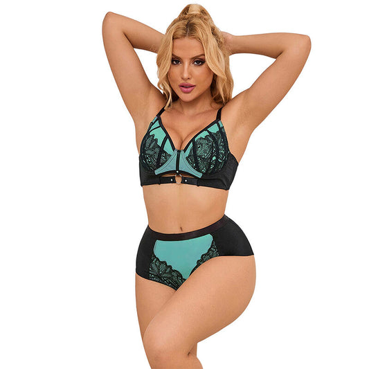 SUBBLIME - 955564 GREEN PATENT LEATHER MESH ZIPPER BRA SET L/XL - 1