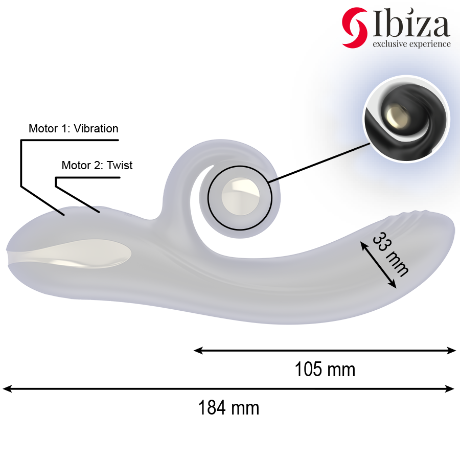IBIZA - TWISTER VIBRATOR WITH CURVED STIMULATOR AND VIBRO-ROTATION