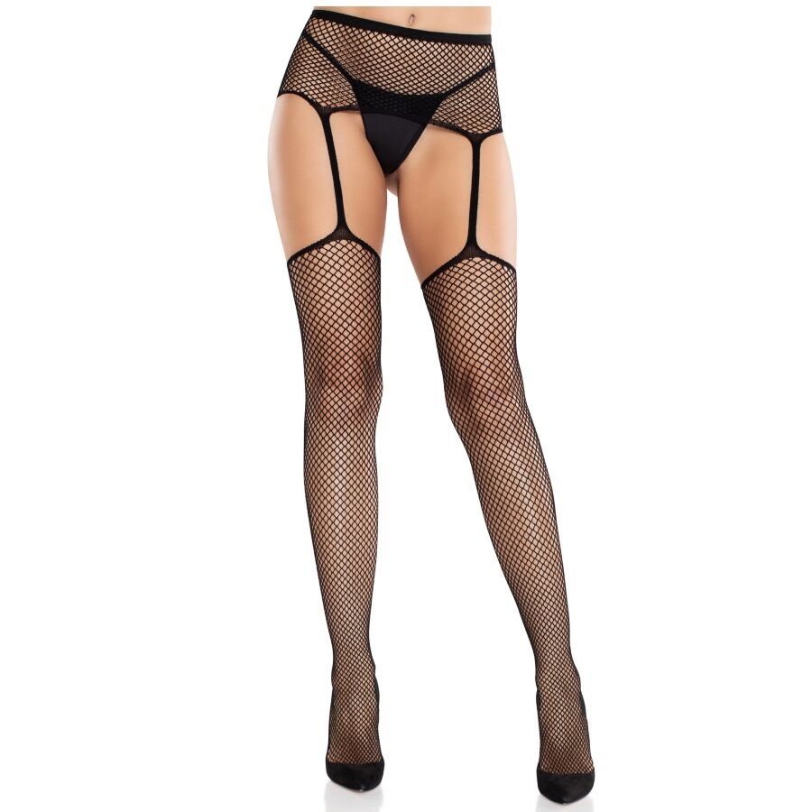 LEG AVENUE - BLACK CROSS LACE STOCKINGS WITH GARTER BELT