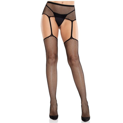 LEG AVENUE - BLACK CROSS LACE STOCKINGS WITH GARTER BELT