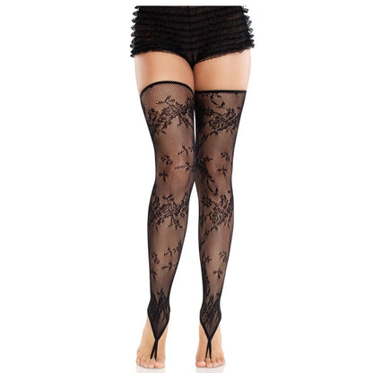 LEG AVENUE - BLACK FLORAL LACE FOOTLESS STOCKINGS