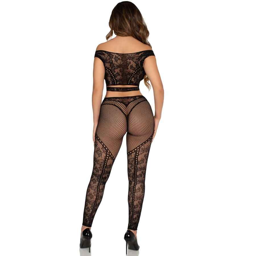 LEG AVENUE - CROP TOP E LEGGING A RETE CON SPALLE SCOPERTE NERO