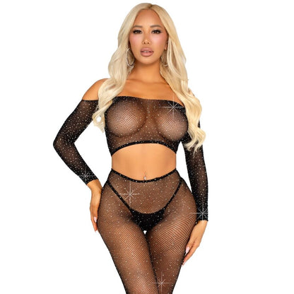 LEG AVENUE - BLACK RHINESTONE MESH CROP TOP AND LEGGINGS