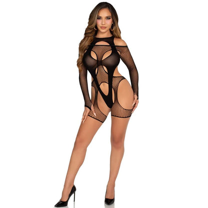 LEG AVENUE - MESH BODYSTOCKING WITH BELT AND HARNESS BLACK