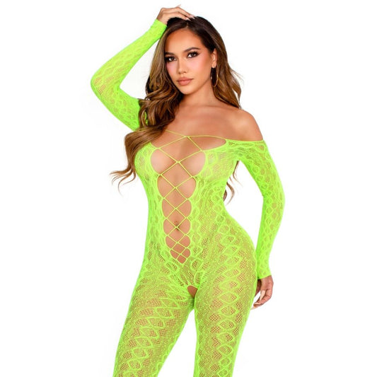 LEG AVENUE - HORSELESS BODYSTOCKING EXOTIC SNAKE LACE NEON GREEN