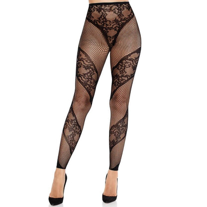 LEG AVENUE - BLACK LACE AND SHEER FOOTLESS TIGHTS