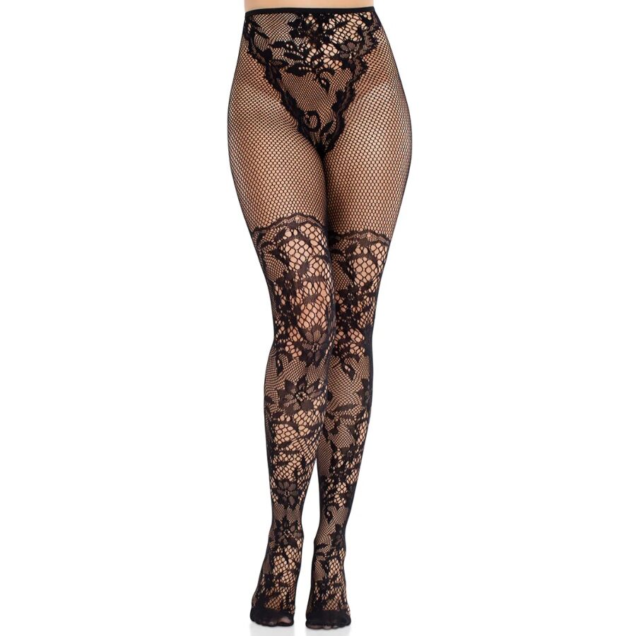LEG AVENUE - DAHLIA LACE STOCKINGS WITH BLACK FISHNET DETAIL