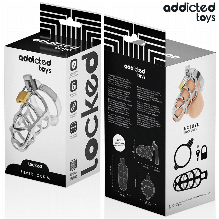ADDICTED TOYS LOCKED - SILVER LOCKABLE PENIS CAGE SIZE M