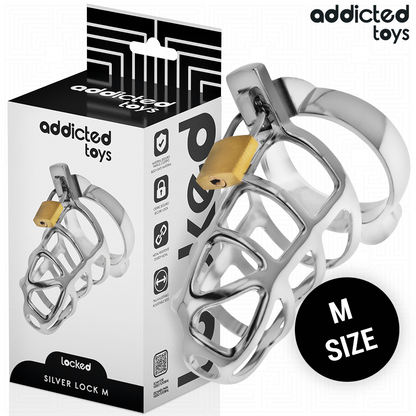 ADDICTED TOYS LOCKED - SILVER LOCKABLE PENIS CAGE SIZE M