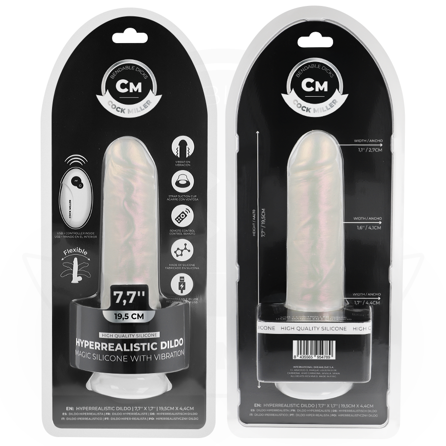 COCK MILLER - DILDO WITH SUCTION CUP, LIGHTS AND VIBRATION WITH REMOTE CONTROL WHITE 19.5 CM
