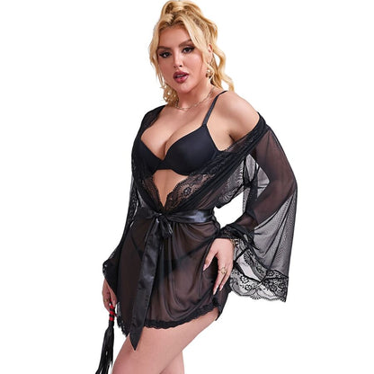 SUBBLIME - TRANSPARENT FABRIC ROBE WITH LACE DETAIL BLACK L/XL - 3