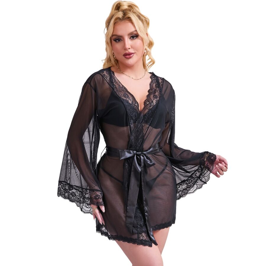 SUBBLIME - TRANSPARENT FABRIC ROBE WITH LACE DETAIL BLACK L/XL - L/XL - 10