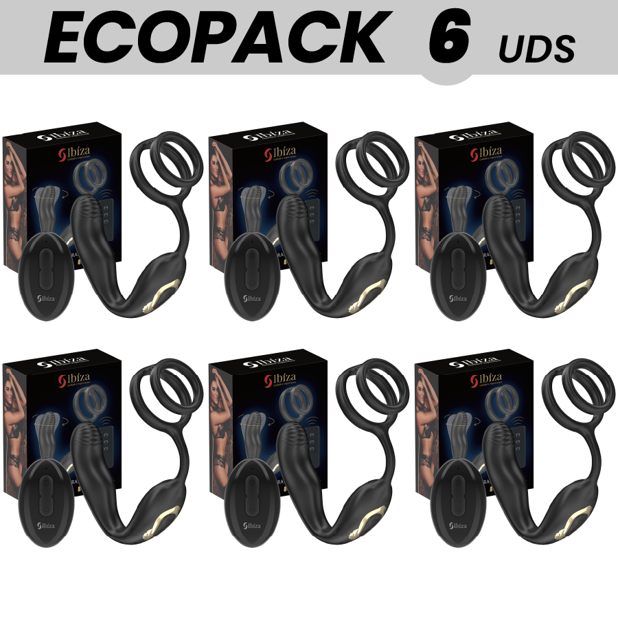 ECOPACKS 6 UNITS - IBIZA WIGGLE REMOTE CONTROLLED ROTATING BUTT PLUG WITH PERINEAL VIBRATION AND PENIS EXTENSION RINGS