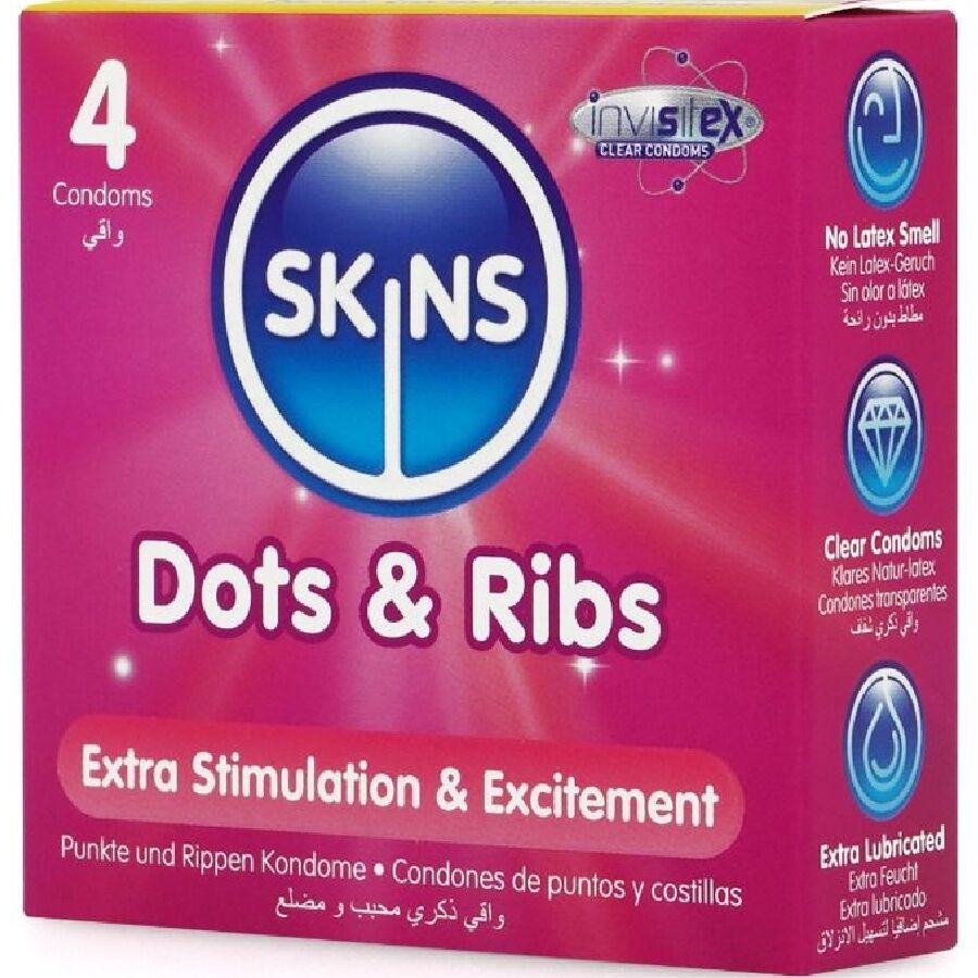 SKINS - DOTS &amp; RIBS PREMIUM CONDOMS 4-PACK
