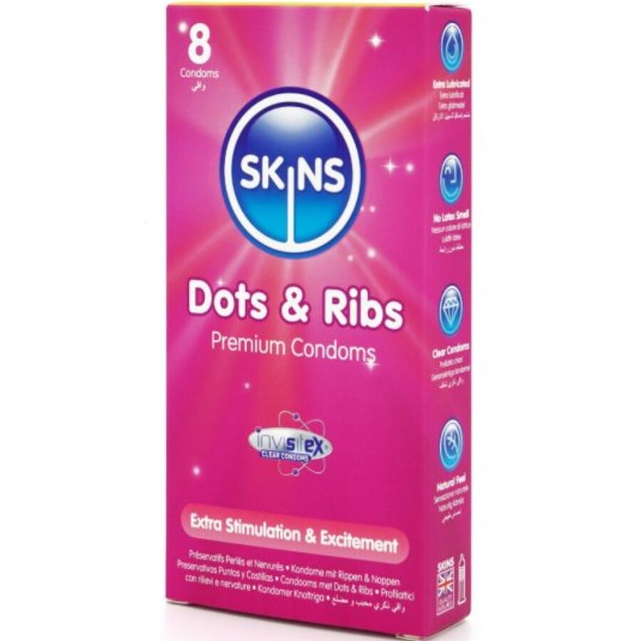 SKINS - DOTS &amp; RIBS PREMIUM CONDOMS 8-PACK