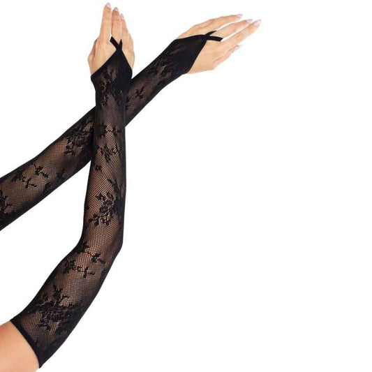 LEG AVENUE - GUANTI SCALDA MANICOTTI IN PIZZO FLOREALE EXTRA LUNGHI NERI