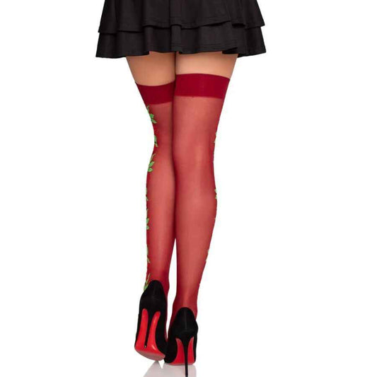 LEG AVENUE - CALZE CON CINTURA GIARRETTIERA 1957 CON FIORI ROSSI - TAGLIA UNICA