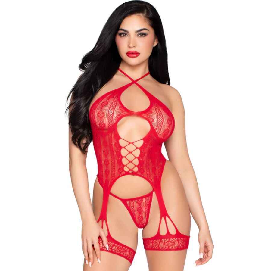 LEG AVENUE - 89338 BODY APERTO IN PIZZO CON CINTURINO E PERIZOMA ROSSO - TAGLIA UNICA