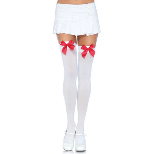 LEG AVENUE - NYLON THIGH HIGHS WITH BOW WHITE / RED - 1