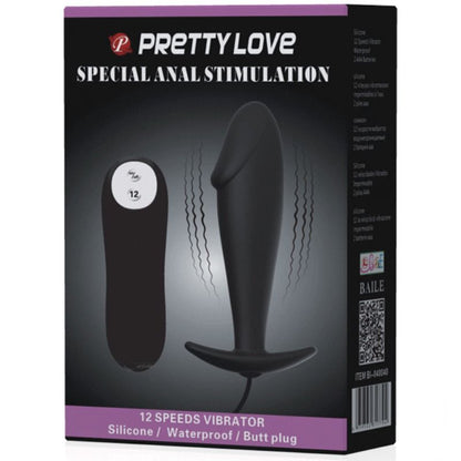 PRETTY LOVE - PENIS SHAPE SILICONE BUTT PLUG WITH 12 VIBRATION MODES BLACK