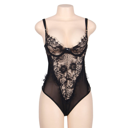 SUBBLIME - QUEEN PLUS FLORAL LACE AND FRINGED BLACK TEDDY - 1