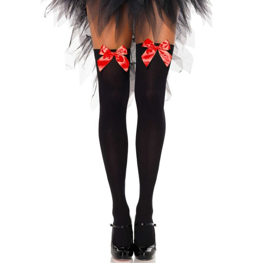 LEG AVENUE - BLACK NYLON THIGH HIGHS WITH RED BOW ONE SIZE - 1