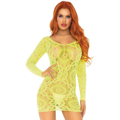 LEG AVENUE - LONG SLEEVE NEON CROCHET LACE MINI DRESS ONE SIZE