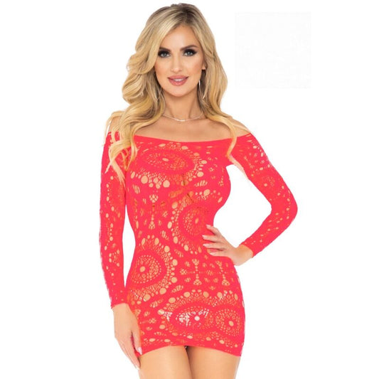 LEG AVENUE - CROCHET LACE LONG SLEEVE MINI DRESS RED ONE SIZE - 1